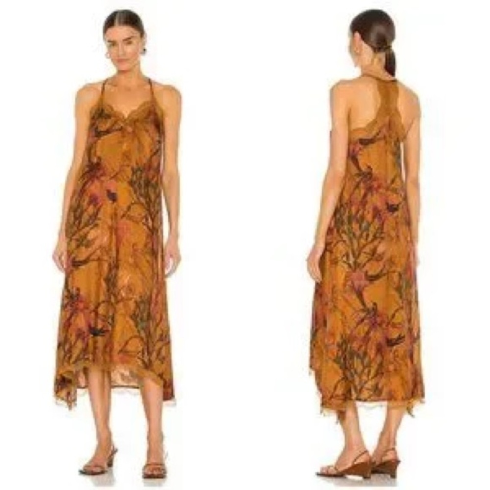 💕ALLSAINTS Seinie Nolina Slip Dress  Cinnamon Brown Floral Bird Print US 10 NWT